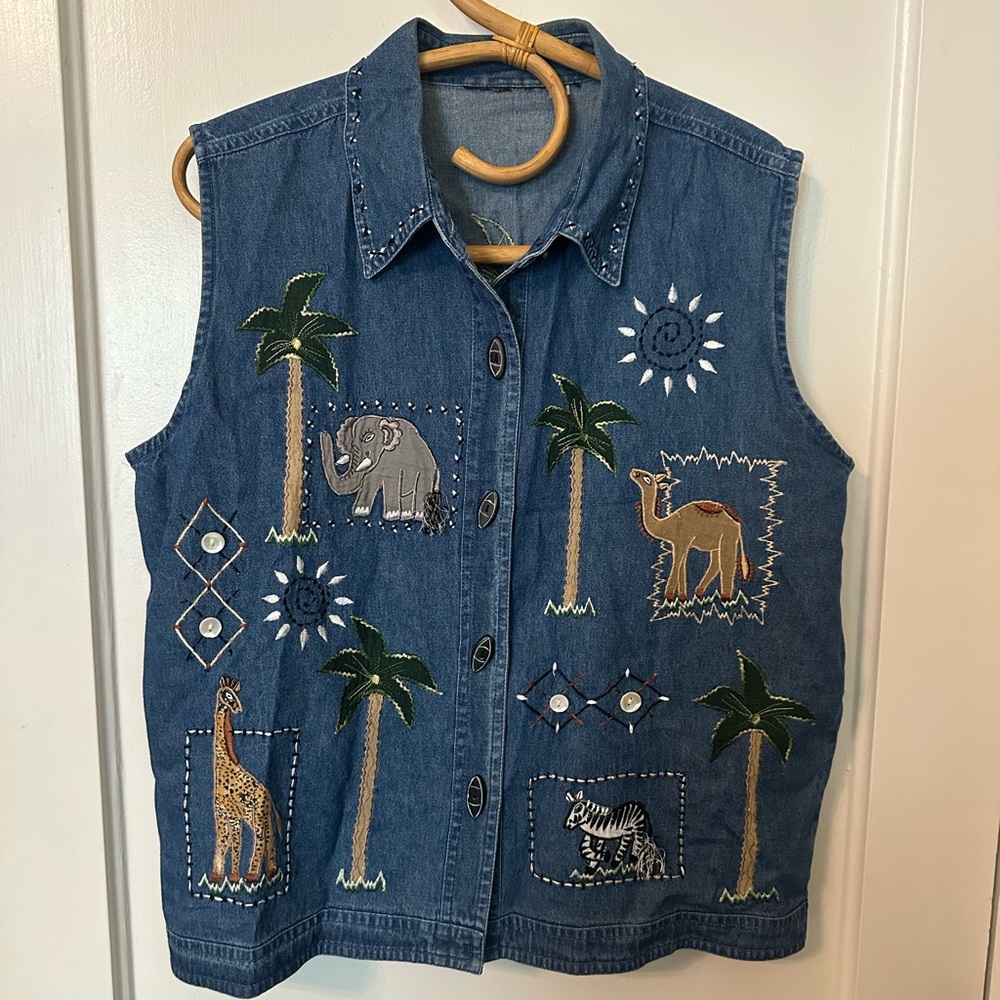 Vintage Embroidered Denim Vest with Animal Designs
